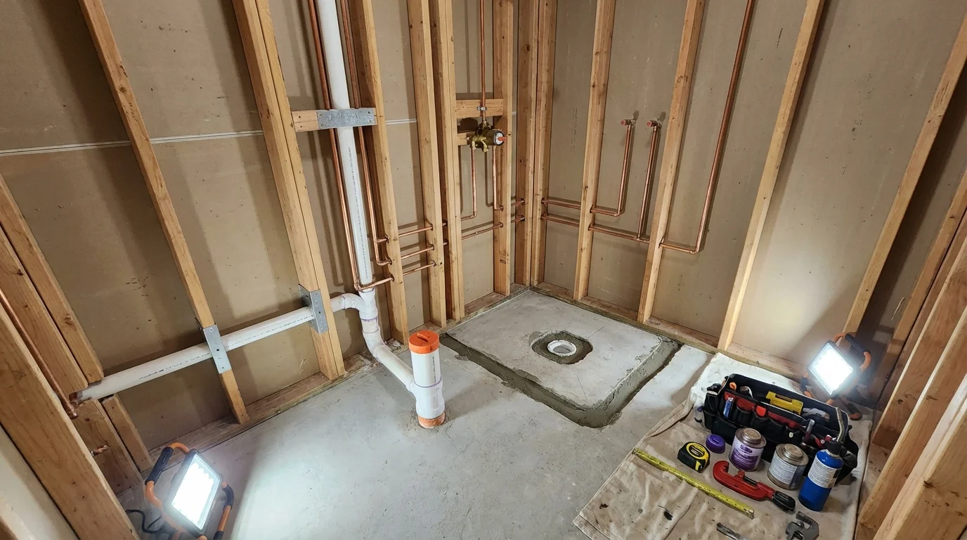 Bathroom rough-in plumbing during remodel by Johns Plumbing LLC in Union Point