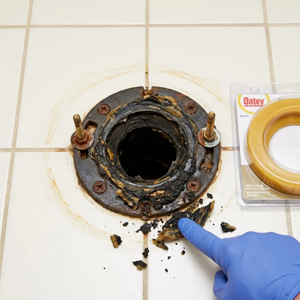 Failed wax ring showing water seepage at the base of a toilet in a Union Point, GA home