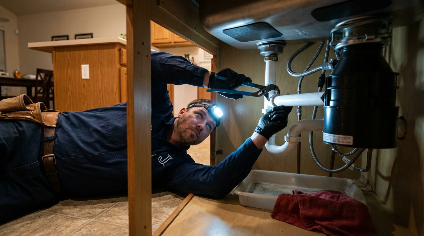 P-trap and supply line connections under a kitchen sink showing a common leak point in Union Point, GA